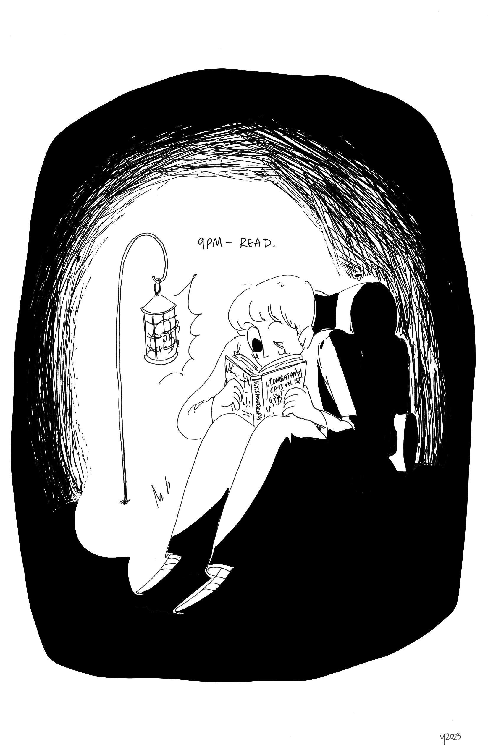 Text reads 9PM, Read. Young man sitting against his backpack with his knees drawn, lamp lit brightly and nearby as he reads Combatant Cats Vol 158.